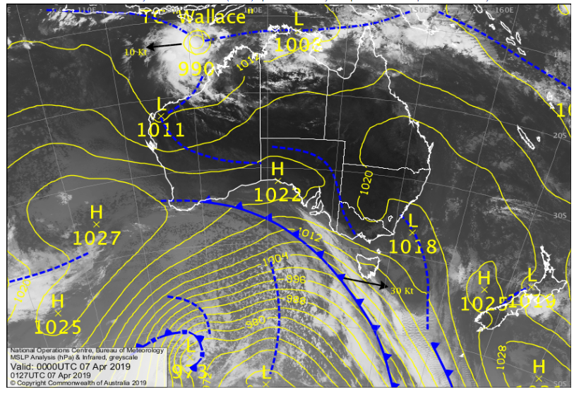 BOM_au's tweet photo. A cold front bringing showers to SW WA, is approaching the SE states of Aus. Rain and storms continue in the north with CAT 2 #CycloneWallace located off the NW coast of WA. Onshore winds are causing showers along the eastern seaboard. https://t.co/mNuE25Segn https://t.co/OvzI7y59v8