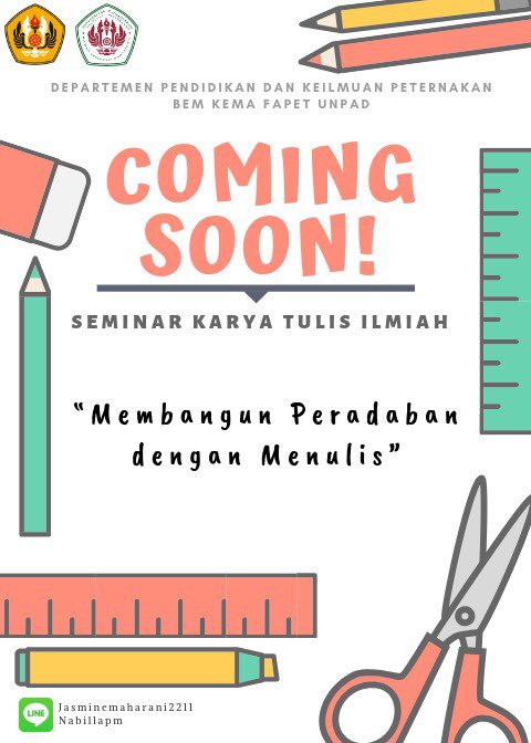 Selamat siang warga kema fapet unpad!

Akan hadir acara seminar kti yang sangat sangat bermanfaat bagi kalian yg suka banget nii sma tulis menulis dan meluangkan ide kalian. Yukk jngan lewatiii seminar kti ini. Gratisss lhooo :)) 

Ayo kita bangung beradaban dunia dengan menulis!