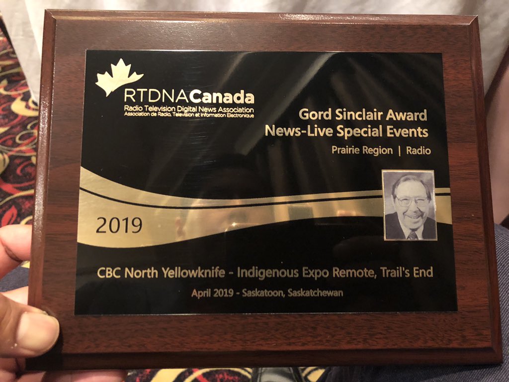 Congrats to #cbcnwt #cbcnorth #cbctrailsend, #cbcedmonton, to producers <a href="/rzelniker/">Rachel</a>, <a href="/pasheldon/">Peter Sheldon</a>, <a href="/winkler_mj/">Marc Winkler</a>, <a href="/naziwanorth/">Joanne Stassen</a> , to the crew back home and to the jury of the #RTDNA2019 for their consideration. Simply unreal. Big mahsi cho to all.