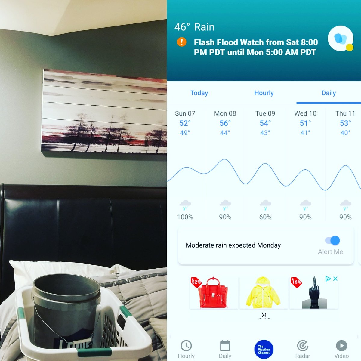 maryrenouf's tweet image. Me: Life seems pretty good right now.
Universe: Suprise, here&apos;s a leaky roof right over your master bed.
Me: Well maybe the rain will let up so I can fix it quickly.
Universe: Here&apos;s a flood warning and rain for the next six days...
#adultingsucks #roofproblems #iwantmymommy