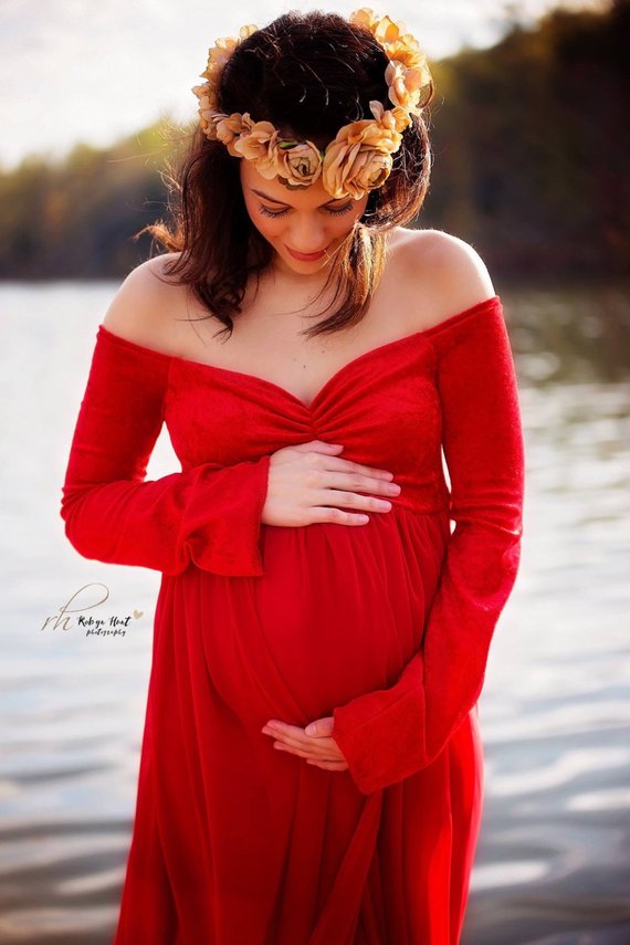 Red Velvet Chiffon off shoulder long sleeves maternity gown, Maternity Dress, Wedding gown, Modeling gown, Baby shower dress #SweetheartNeckline #red 
$135.00
➤ tinyurl.com/y4g4a9t9