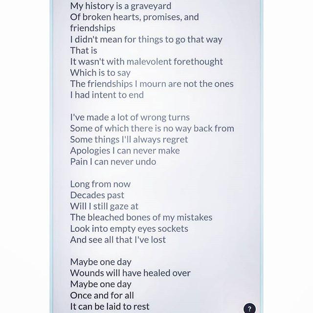 liv1321's tweet image. Day 6 entry for #PoemEveryDay titled Eulogy For That Which I've Lost
.
My history is a graveyard
Of broken hearts, promises, and friendships
I didn't mean for things to go that way
That is
It wasn't with malevolent forethought
Which is to say
The friends… bit.ly/2WPQEbZ