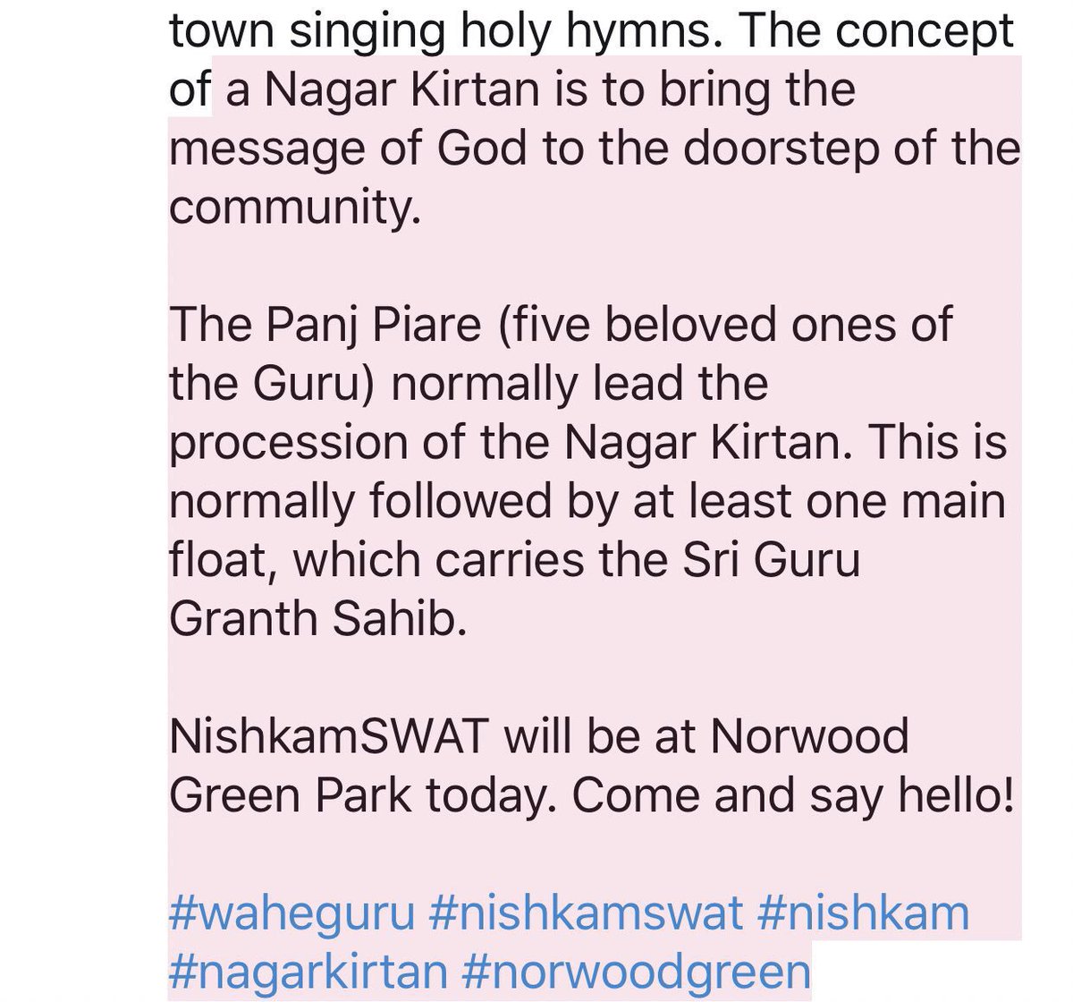 NishkamSWAT's tweet photo. 'Nagar Kirtan means "#Neighbourhood Kirtan". The word "Nagar" means "town or neighbourhood," and "Kirtan" is a term describing the singing of #Shabads (divine hymns). The term refers to the procession of #Sikh Sangat (Congregation) through the town singing holy hymns.#nagarkirtan https://t.co/gLeYvzi1Y9