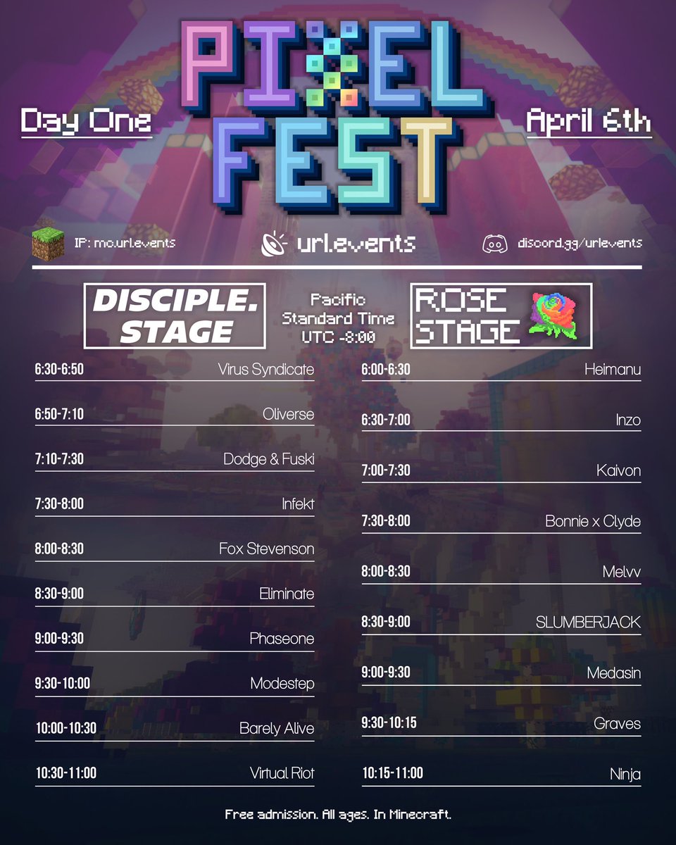Mnn マインクラフトの世界で開催されるバーチャル音楽フェス Pixel Festival は 日本時間で4月7日 日 と4月8日 月 の11 00から16 00まで開催されます 2日間とも2ステージ用意されており 1日目のタイムスケジュールは以下の通りです T Co
