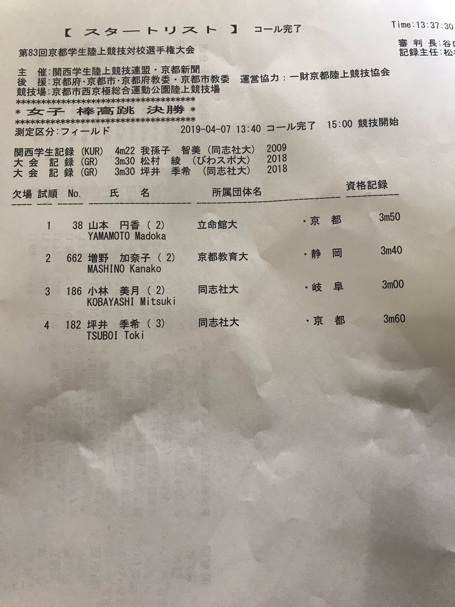 関西学生陸上競技連盟 19京都ic 15 00より 女子棒高跳決勝が行われます 資格記録1位は 坪井季希 同志社 大学 選手の3m60 山本円香 立命館大学 選手の3m50です なお 大会記録は3m30 関西学生記録は4m22です 以下 スタートリストです