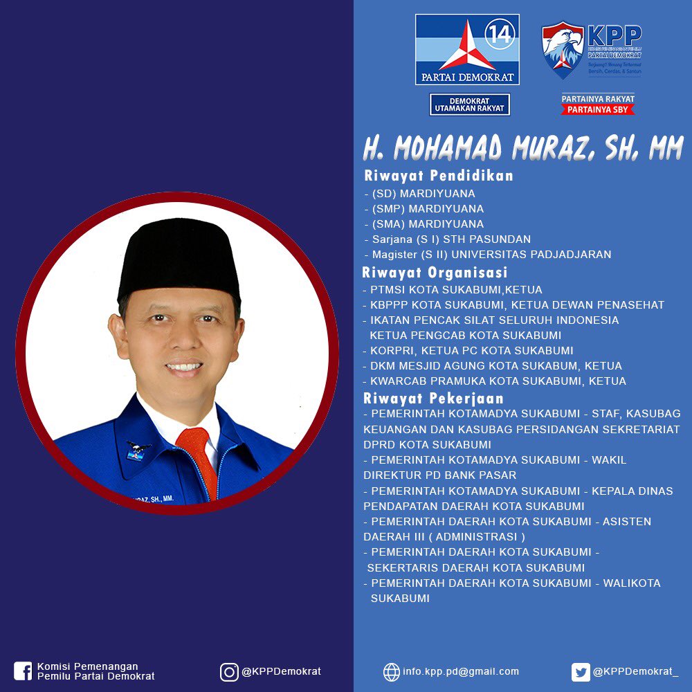 KPPDemokrat_'s tweet photo. Kenalan yuk sama Caleg Fraksi Partai Demokrat 👇🏼
1. H. Mohamad Muraz, SH, MM
(Calon Ang.Legislatif 2019-2024 Dapil Jabar IV)
Beliau merupakan Wakil Ketua APEKSI &amp; jg prnh mnjbt sbg Walikota Sukabumi 2013-2018
#jabar #KPPPD #partaidemokrat #demokratsiap2019 #mengenalcalegfpd https://t.co/QMmXuzJihV
