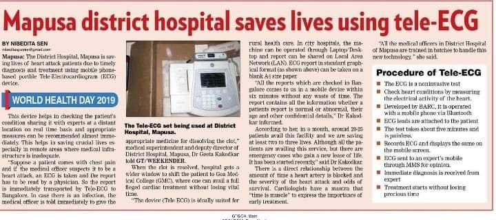 gomantaktimes's tweet photo. North Goa District Hospital Mapusa are saving lives of #HeartAttack patients mostly from rural areas using #TeleECG machines. #WorldHealthDay @goacm @visrane @JPNadda @MoHFW_INDIA @nibeditaspeaks https://t.co/9I8XkHRpwk