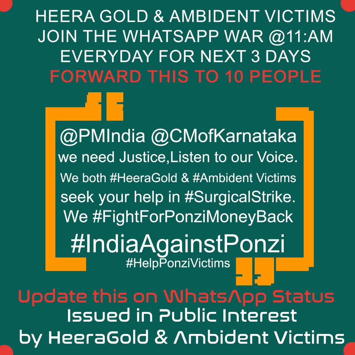 newstodaymetro's tweet photo. @PMIndia @CMofKarnataka we need Justice, Listen to our Voice. We both #HeeraGold & #Ambident Victims seek your help in #PonziRefund. We #FightForPonziMoneyBack #IndiaAgainstPonzi #SurgicalStrike #HelpPonziVictims https://t.co/JLC7ueyjvs