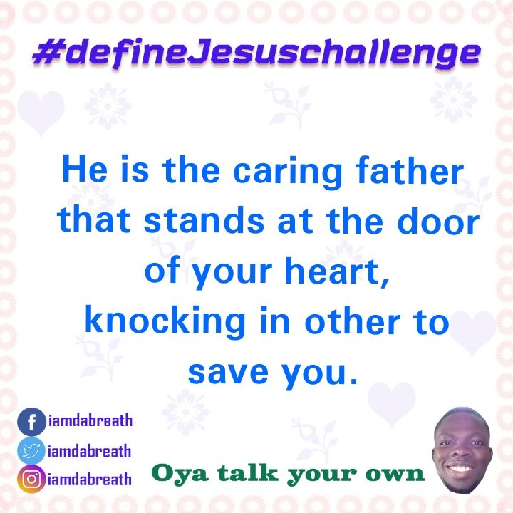 iamdabreath's tweet photo. #defineJesuschallenge...... He never fails in saving His children, upload your picture and share your unique testimony. Oya define Jesus @instablog9ja
#gospel #jesus #god #love #o #bible #christian #faith #church #jesuschrist #music #worship #deus #christ #holyspirit #prayer https://t.co/kY7hhOqK1v