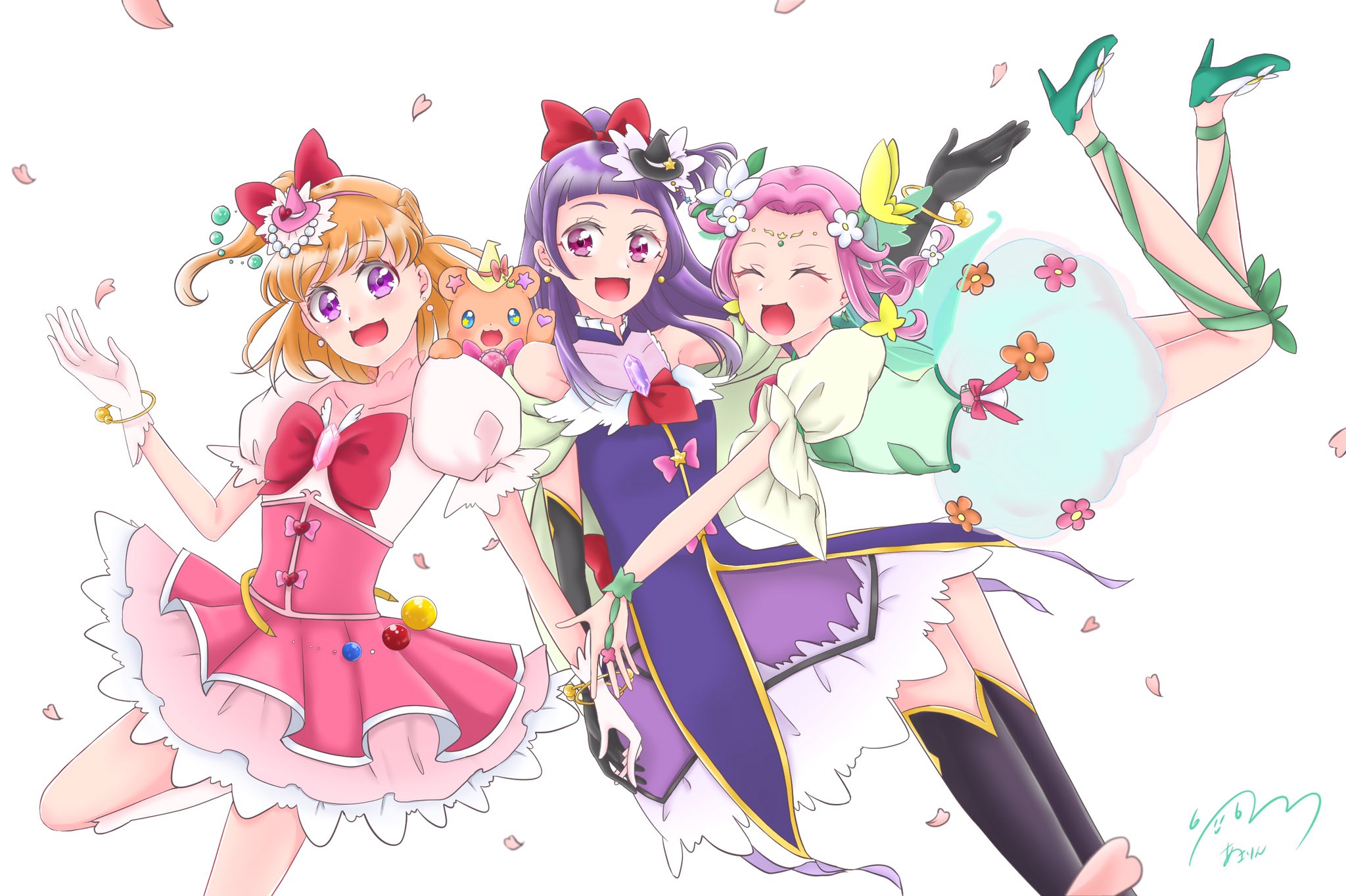 逢咲りん お題箱 魔法使いプリキュア で キュアミラクル ダイヤスタイル の衣装 を着た朝日奈みらいと キュアマジカル ダイヤスタイル の衣装を着た十六夜リコと キュアフェリーチェ エメラルド の衣装を着た花海ことはの3人をお願いします 表情は