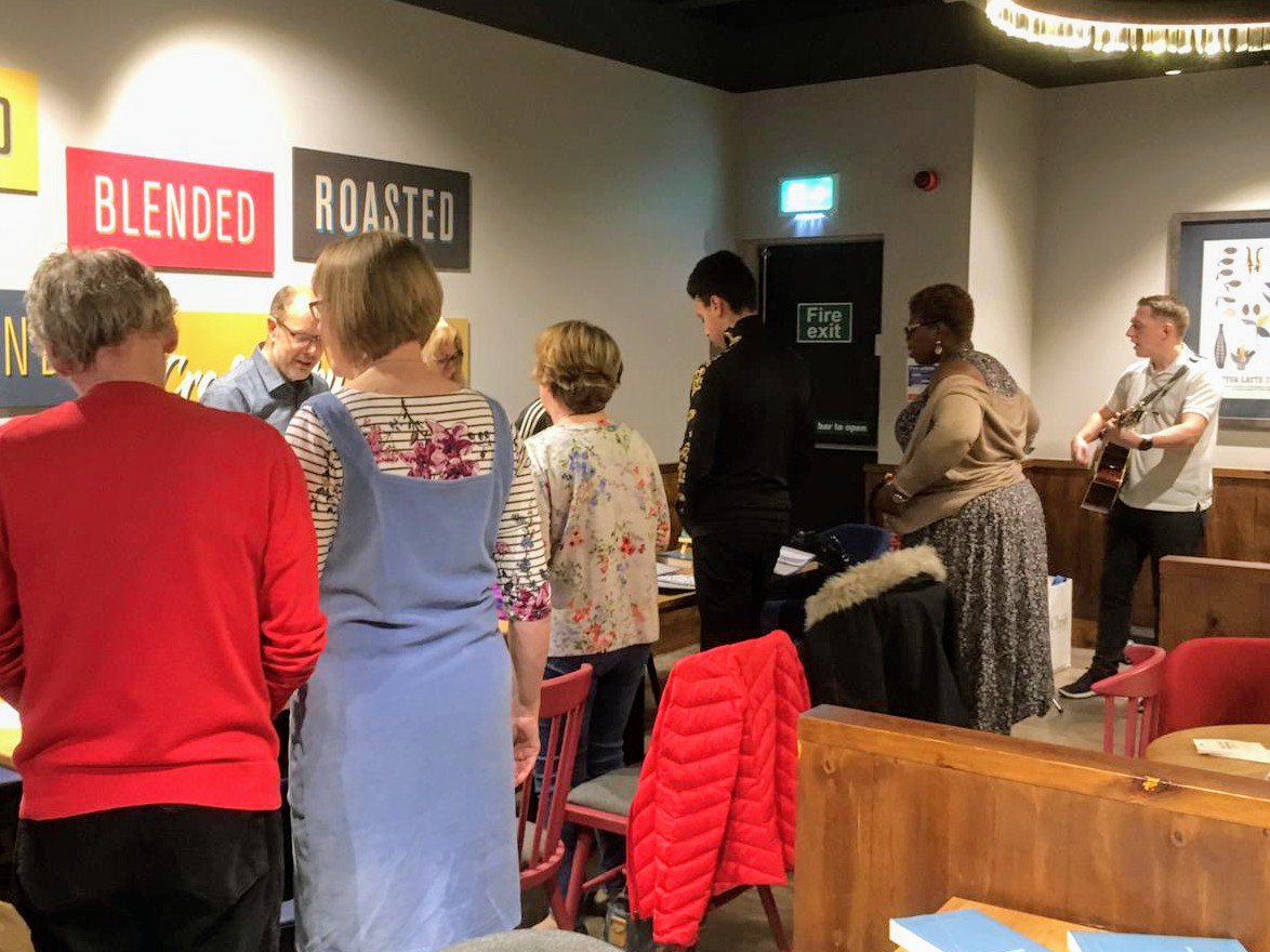 HopeChurchSitt's tweet photo. Great to celebrate Jesus together this morning at Costa. Natalie did a great job of exploring our call of 'Making disciples, reaching nations'. Had some new visitors with us too! Key folk away led to a rare sighting of @gordonjwatson leading worship #hopesundays #sittingbourne https://t.co/WvuzyDAkHN