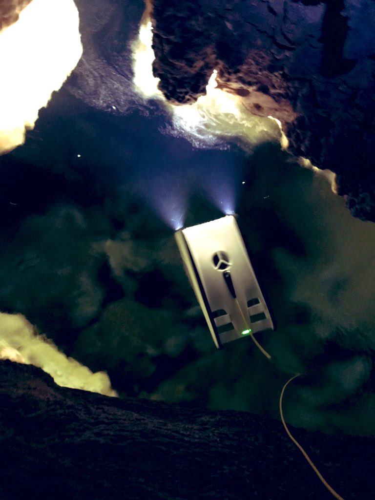 LiveOcean's tweet photo. Guam sits on top of a huge aquifer,  riddled with caves carved from sharp limestone Karst. Hiked to a remote water cave today and launched our Trident ROV on her first cave dive! The exploration was a great success, more cave diving is in our future. #openrov #SEEInitiative https://t.co/LnymliZ1Vh