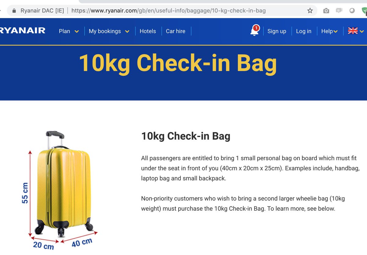 Claudio Pires Franco Twitter: #trickingcustomers #RyanairFails Spot the difference? Text says small bag allowed 40cm x x *25cm* - BUT beware! Image shows 40cm x 20cm *55cm* What