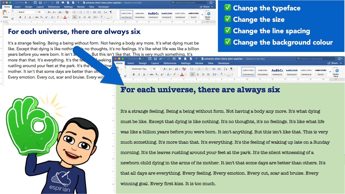 espirian's tweet photo. Better for the environment than printing out your documents when checking for errors:

✅ Change typeface (font)
✅ Change text size
✅ Change line spacing
✅ Change background colour 

Light yellow/green backgrounds work well for people with dyslexia.

#NoPainerExplainer https://t.co/BuZhHMODll
