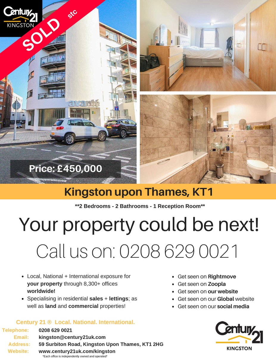 C21Royale's tweet photo. SOLD stc!
This could be your property with a fantastic 'SOLD stc' board!
So call us today to get your property on the market:
**0208 629 0021**
#sale #sold #stc #selling #let #rent #renting #property #realestate #c21k https://t.co/k57Wb5Zvj8