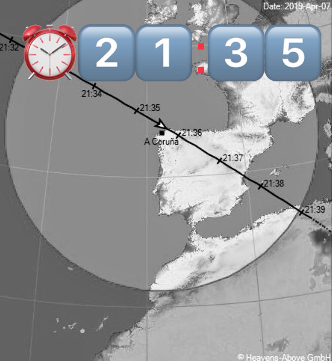 🇪🇸 ¡Feliz Domingo Galicia!
La Estación Espacial Internacional se podrá ver hoy a simple vista (si las nubes lo permiten) en todas partes a las 21:35 hrs.
   
     Consejo: ⏰
     pon la alarma
   
🌍 Tripulación 59: spacefacts.de/english/e_toda…
  .
<a href="/veredes/">veredes, arquitectura y divulgación</a> <a href="/Meigatrader/">Meigatrader</a> <a href="/queverenvigo/">Que ver en Vigo</a>