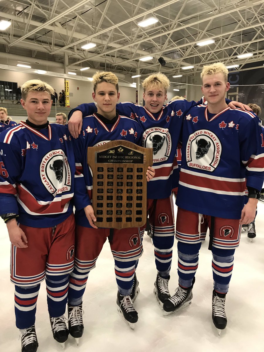 These four 2003’ born - 15 yr olds from @aaabuffs get to go to @HC_TELUSCup ! #MidgetAAA #PacificRegionalsChamps 🏆 
(Logan Magowan, @Dylan3james, @treypatterson71 & @JaydenGrubbe) 
#AMHL @HockeyAlberta