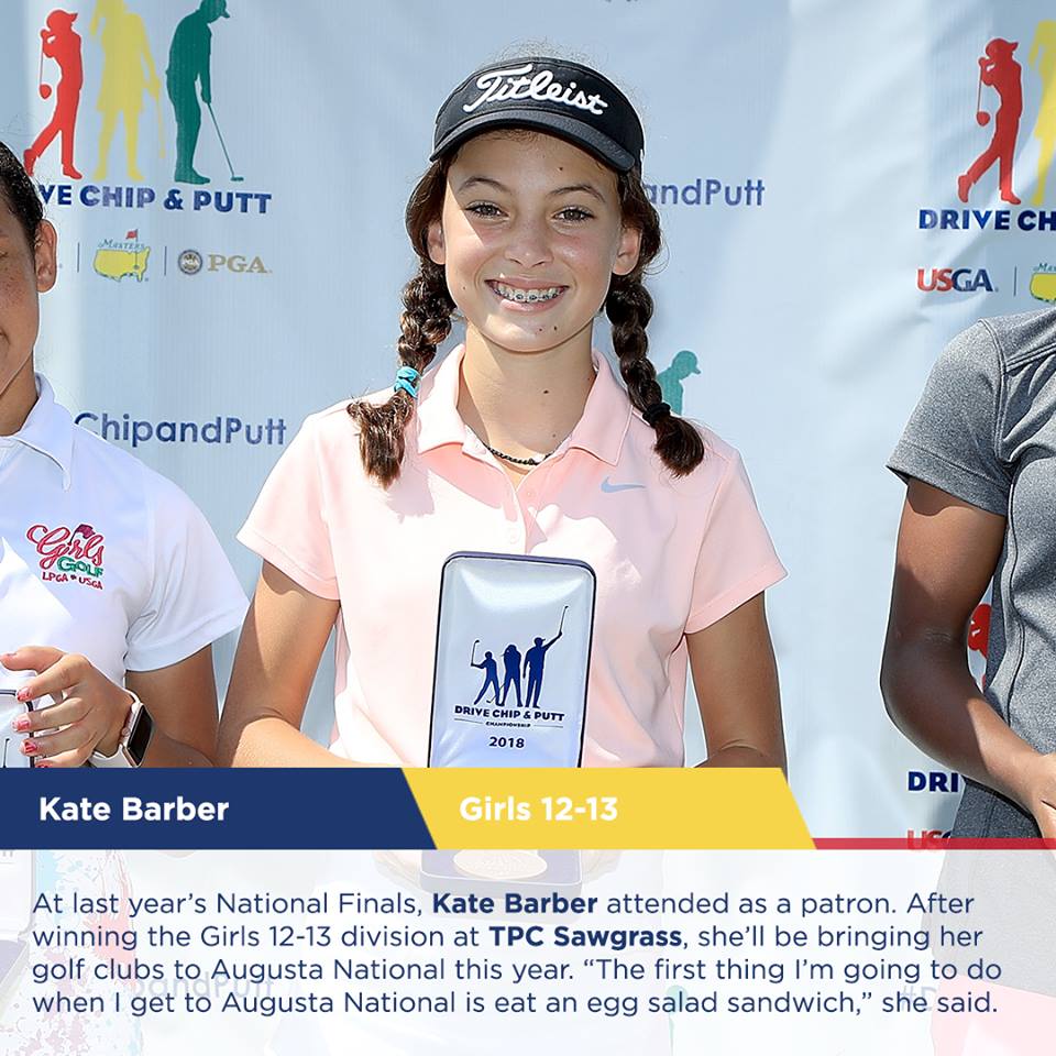 SavSportsReport's tweet photo. IN CASE YOU FORGOT #Savannah- Local Girls Golfer from Hancock Day School 12 year Kate Barber is in today's @PGATOUR  Drive, Pitch, &amp; Chip National Finals @ @AugustaNational. It all TEES OFF TODAY at 8 a.m. &amp; will be on the @GolfChannel till 1 p.m.. Good Luck Katie! #golf #PGATour https://t.co/isUamqHmWE