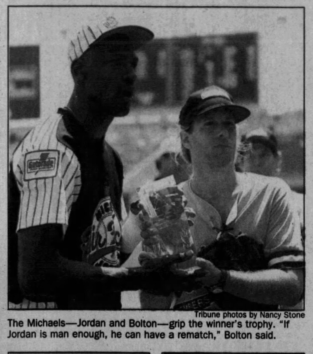 As the early 90s wore on, baseball chased golf as Jordan’s favorite non-hoops sport. On July 25, 1993, he co-hosted a 12-inch softball game at Comiskey prior to a Sox game. His team lost to Michael Bolton’s 7-1; he finished 1 for 3 with a single and a run scored.