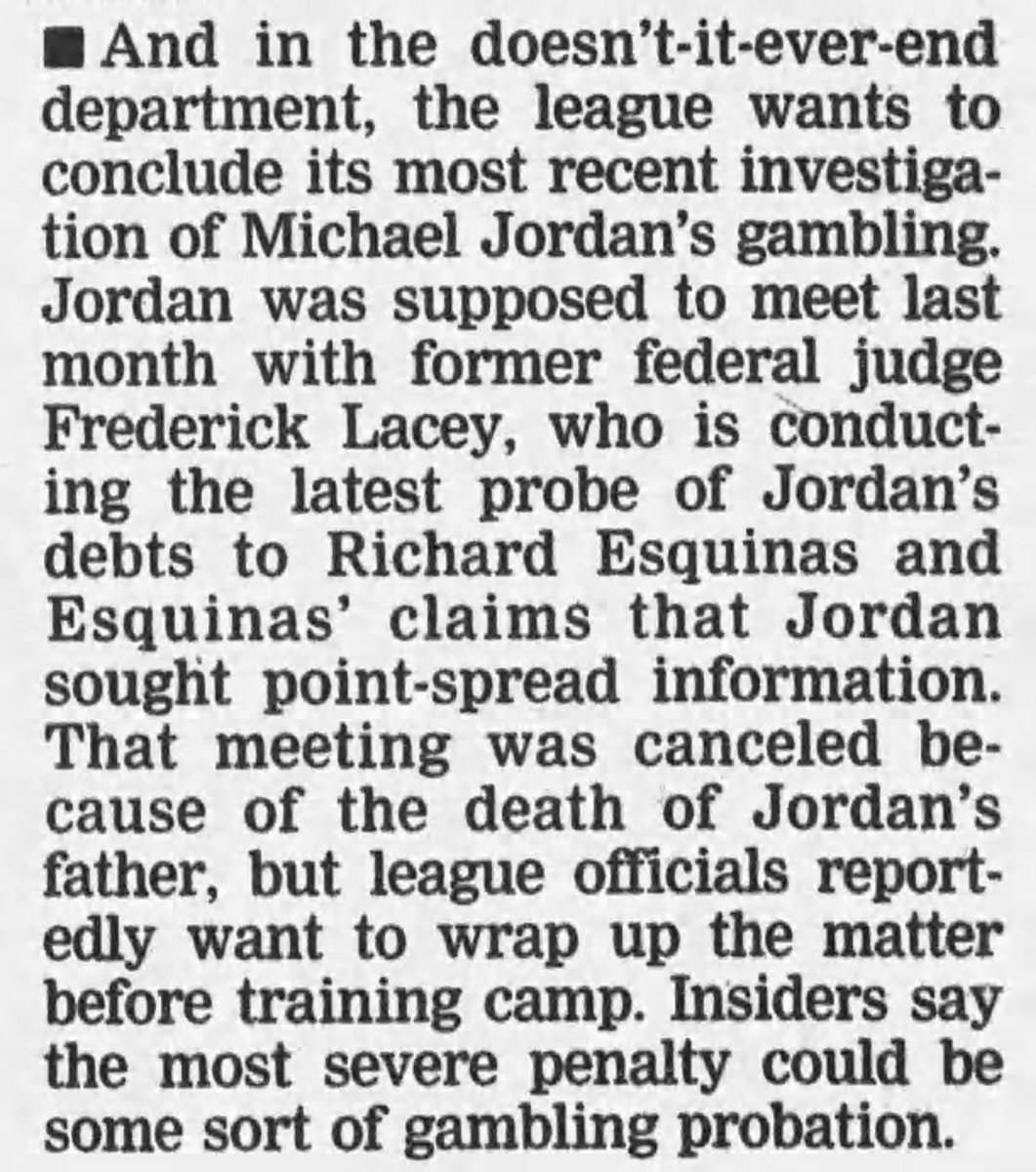 He was scheduled to play in a celebrity game at Thillens on Saturday, Sept. 11, but reporting of the day suggests he did not show. This was the same time that David Stern was telling reporters that a Jordan probe would end before the season.These two clips are a day apart: