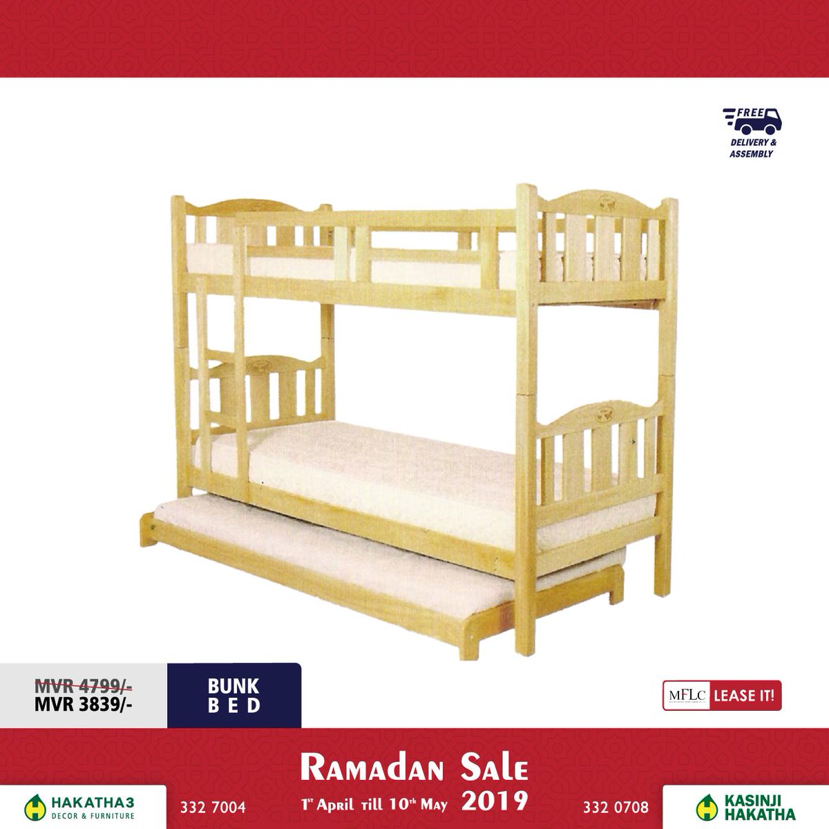 hakathamv's tweet photo. Get 20% off this solid wooden bunk bed for MVR3839/-. Buy it on installments using @mflc_mv Lifestyle Lease. Call 3320708 for more info. NOTE: Pull-out bed sold separately. #hakatharamadansale https://t.co/B2DcTGBlKq