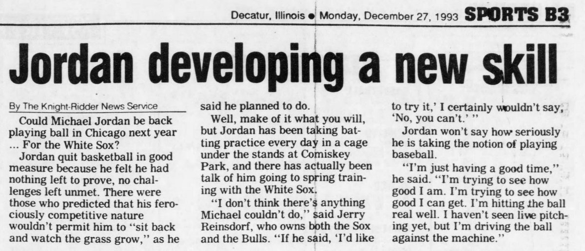 Still, the retirement was a stunning turn. Two months later, MJ started showing up at Comiskey for early morning batting practice sessions. Both MJ and Reinsdorf played it off, though Reinsdorf acknowledged that if Jordan wanted to try baseball, he wouldn’t tell him no.