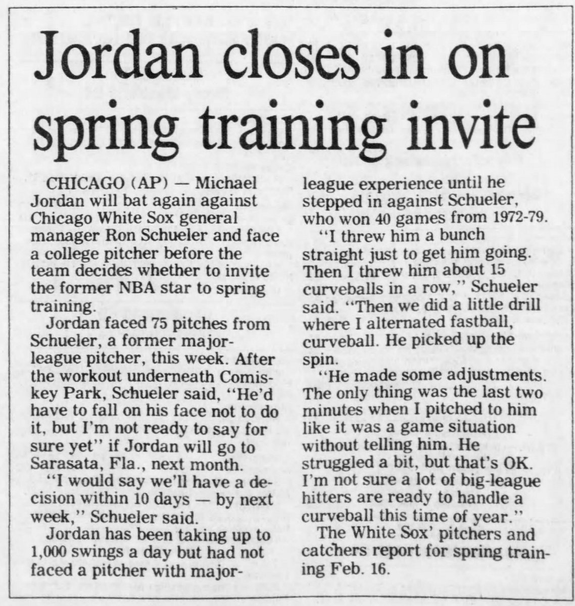 Throughout January, the rumors that Jordan would make a run at baseball persisted and intensified. He started getting serious in the cages, taking 1,000 swings a day. In late January, he faced his first major league arm: White Sox GM and retired pitcher Ron Schueler.