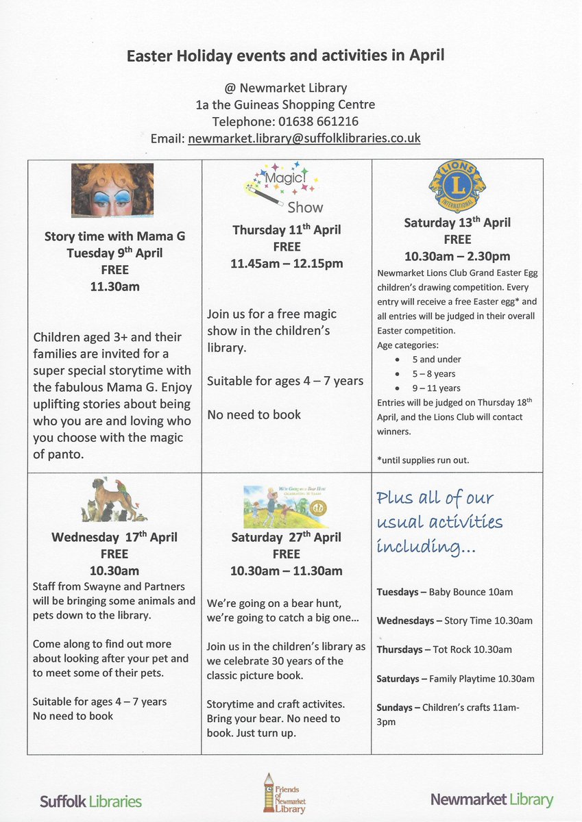 Check out our full programme of #children's activities for #Easter. Fun, free & fabulous. #libraries #librarylife #Suffolk #Newmarket. @SuffolkLibrary @forestheath @LoveNewmarket @WhatsOnWSuffolk @NKTJournal @GuineasShopping @nmktparents