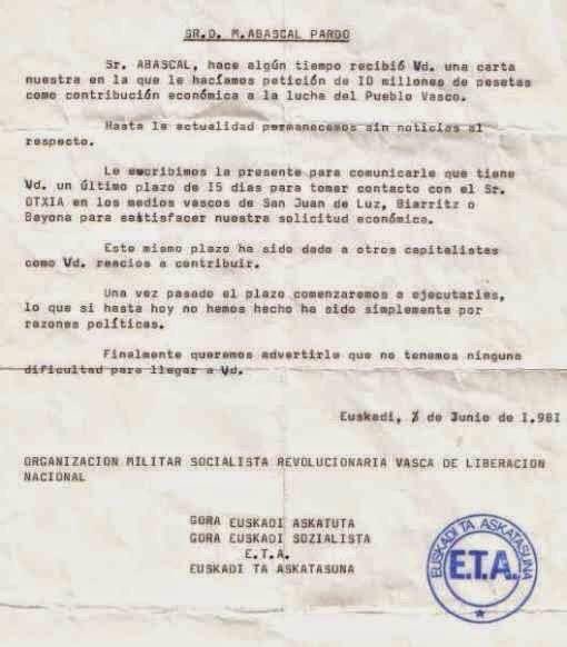 _DukeBCN_'s tweet photo. 1981 carta ETA amenazando a los Abascal https://t.co/cGTodlCmFV