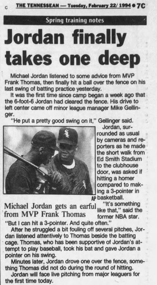 The Sox players, fresh off a division championship, welcomed Jordan to varying degrees. Frank Thomas was among the most supportive. Here they are in a snippet from late February, when MJ hit his first batting practice home run.