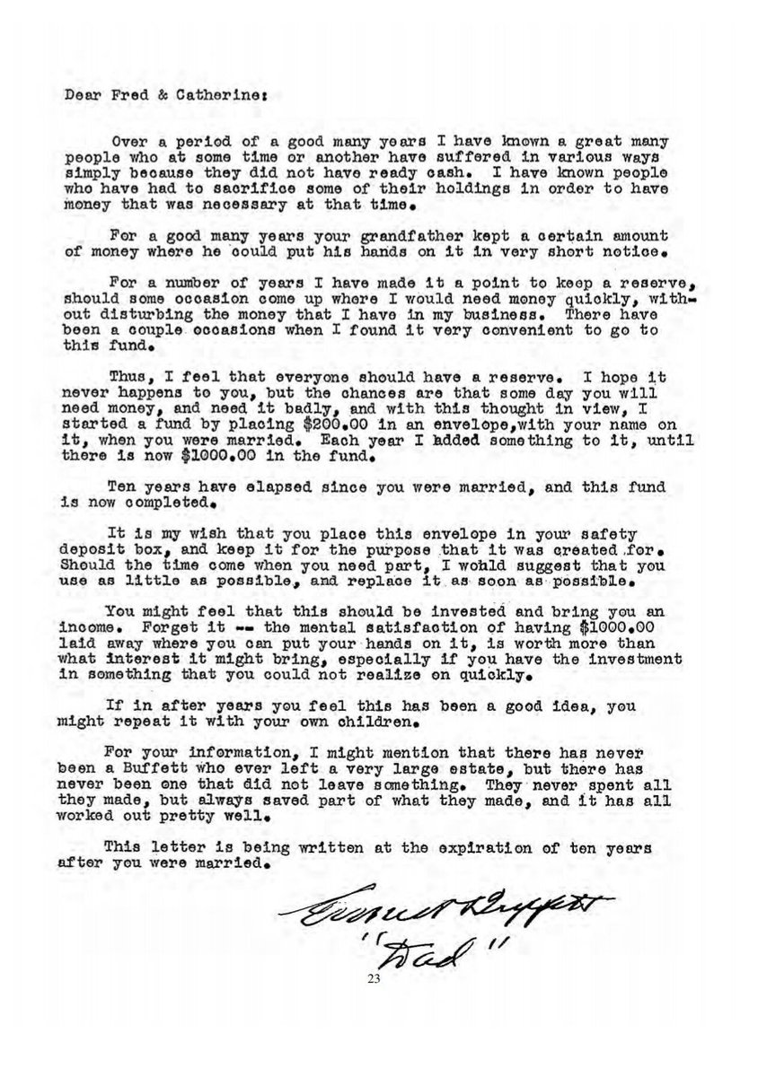 Warren Buffett's grandfather once wrote a letter to his children emphasising the importance of liquidity and an 'emergency fund'.

Must read for everyone.

Also, seems like prudent financial behavior has got a lot to do with one's genes.