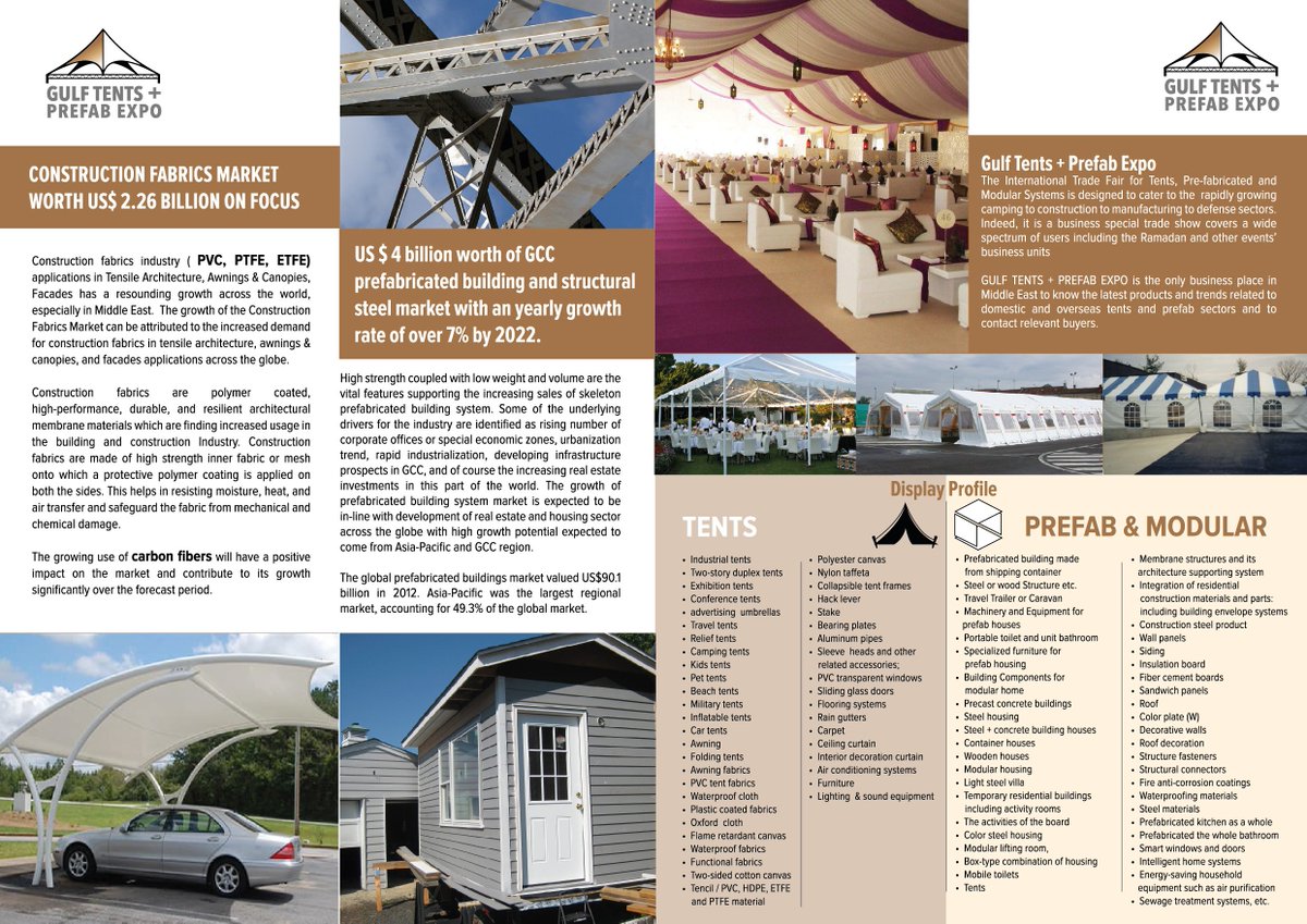 3 days International Exhibition for Tents, Pre- Fabricated and Modular Systems at <a href="/ExpoCentreShj/">Expo Centre Sharjah</a> 
#tents #PreFabricated #Modularsystem #sharjahUAE