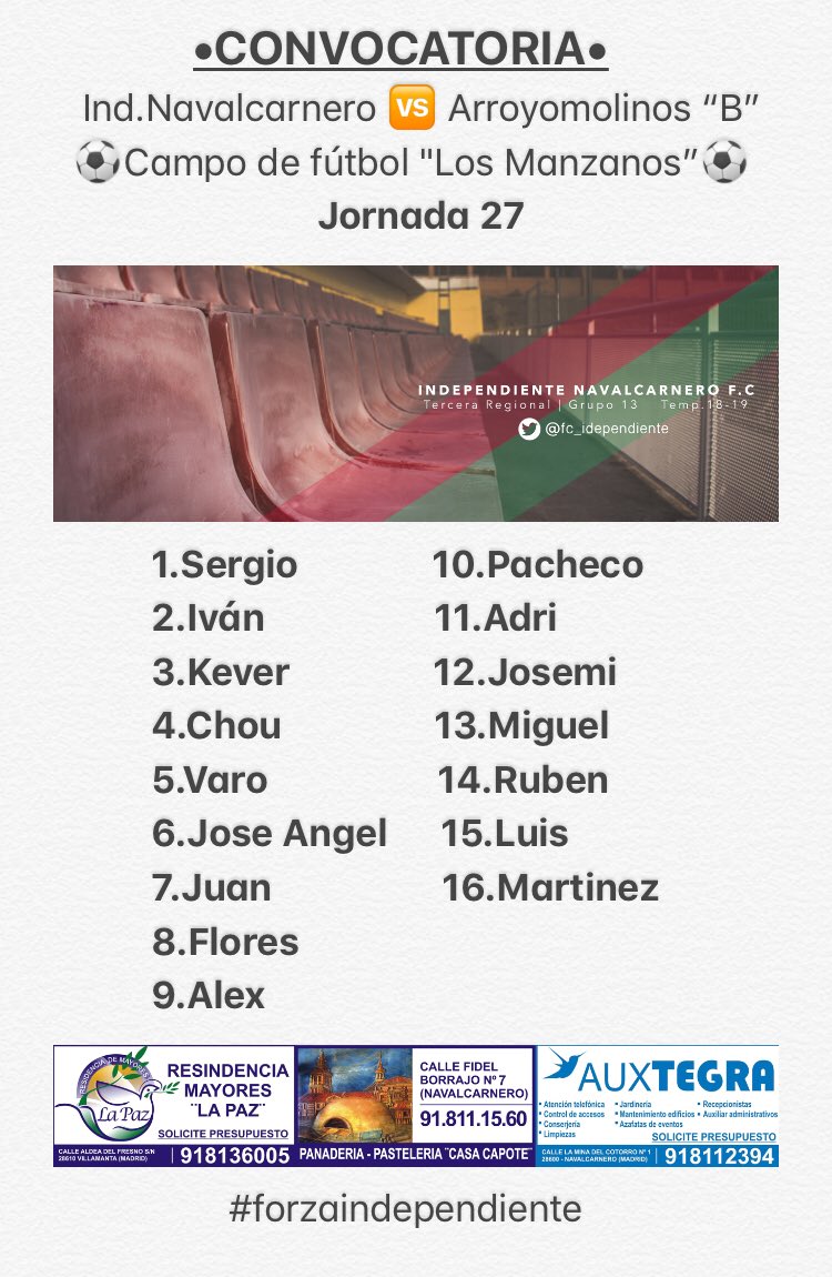 Lista de convocados para hoy🗓Domingo 07/Abril. a las 12:30h. en el ⚽️Campo de fútbol "Los Manzanos”⬇️
#forzaindependiente