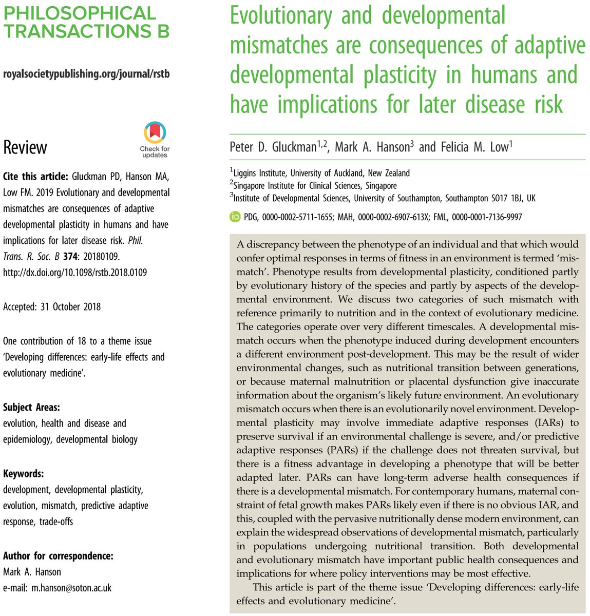 Keith Godfrey, MBE (@keithmgodfrey) on Twitter photo Evolutionary & developmental mismatches are consequences of adaptive developmental plasticity in humans & have implications for later disease risk - <a href="/PeterGluckman/">peter gluckman</a> & <a href="/MarkHansonUoS/">Mark Hanson</a> provide a really important conceptual basis for tackling NCDs royalsocietypublishing.org/doi/10.1098/rs… Evolutionary & developmental mismatches are consequences of adaptive developmental plasticity in humans & have implications for later disease risk - <a href="/PeterGluckman/">peter gluckman</a> & <a href="/MarkHansonUoS/">Mark Hanson</a> provide a really important conceptual basis for tackling NCDs royalsocietypublishing.org/doi/10.1098/rs…
