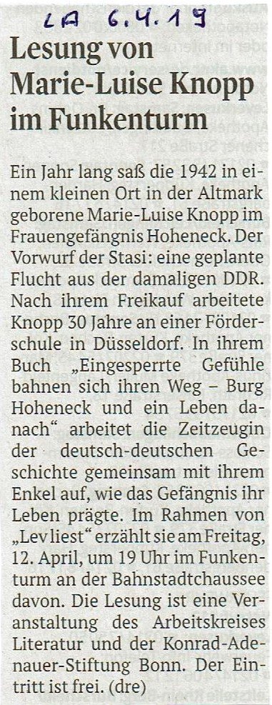 LiteraturLev's tweet photo. Ankündigung der Lesung mit Marie-Luise #Knopp im Rahmen von LEVliest! am 12. April 2019 und 19:00 Uhr im #Funkenturm in #Leverkusen-#Opladen im Leverkusener Anzeiger. #DDR #Hoheneck #Stasi https://t.co/Fz7mQ6y6yW