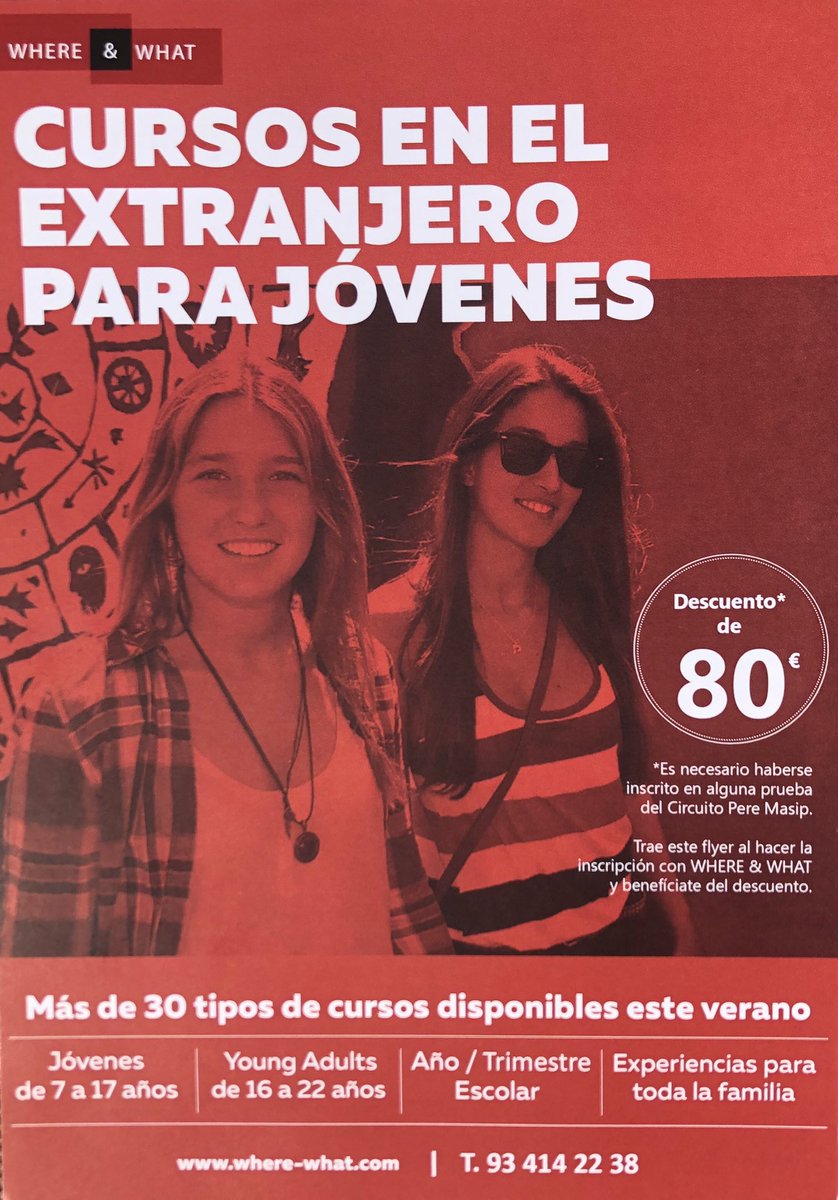 Por ser jugador del Circuito Wilson Pere Masip tienes condiciones especiales en los cursos de inglés en el extranjero (pudiendo añadir tenis) que organiza @wherenwhat . Ya tienes en todas las mesas del Circuito Wilson Pere Masip el flyer con el descuento. Gooooo Pere Masip !!!!