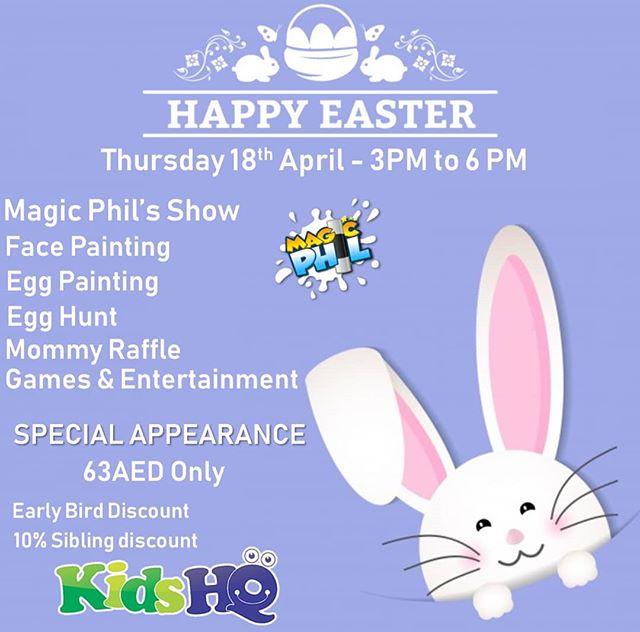 Join us for the Easter Party on 18th of April, Thursday from 3 pm to 6 pm

Limited space, book now and get your early bird discount!

#easter #happyeaster #easterparty #bunnies #easterbunny #egghunt #eggpainting #facepainting #gamesandentertainment #magicphil #mommyraffle #r…