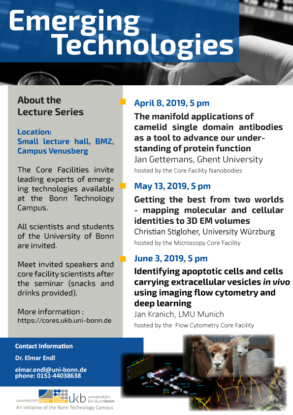 FISchmidtLab's tweet image. Lecture series &apos;Emerging Technologies&apos; at @UniBonn will present cutting edge science using techniques available at the Core Facilities of the Medical Faculty at @UniklinikBonn. Come join us to learn more about #nanobodies, #CLEM, and imaging flow cytometry #imagestream.