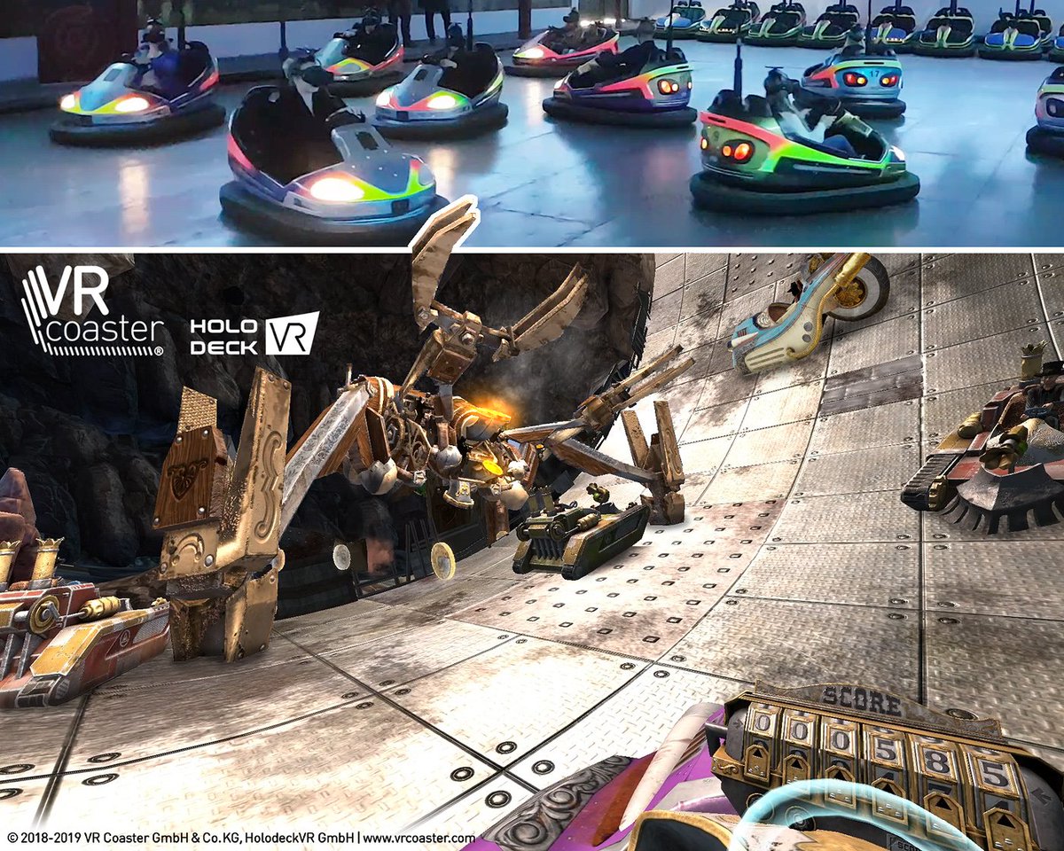 VRcoaster's tweet photo. Ever drove up a wall in a bumper car while fighting giant robots? Try it now in our brand new #VR Bumper Cars attraction @SchlossThurn ! Congrats to team #VRcoaster and @HolodeckVR for this ground breaking experience! #VirtualReality #madewithunity https://t.co/wo0ITUrQpG
