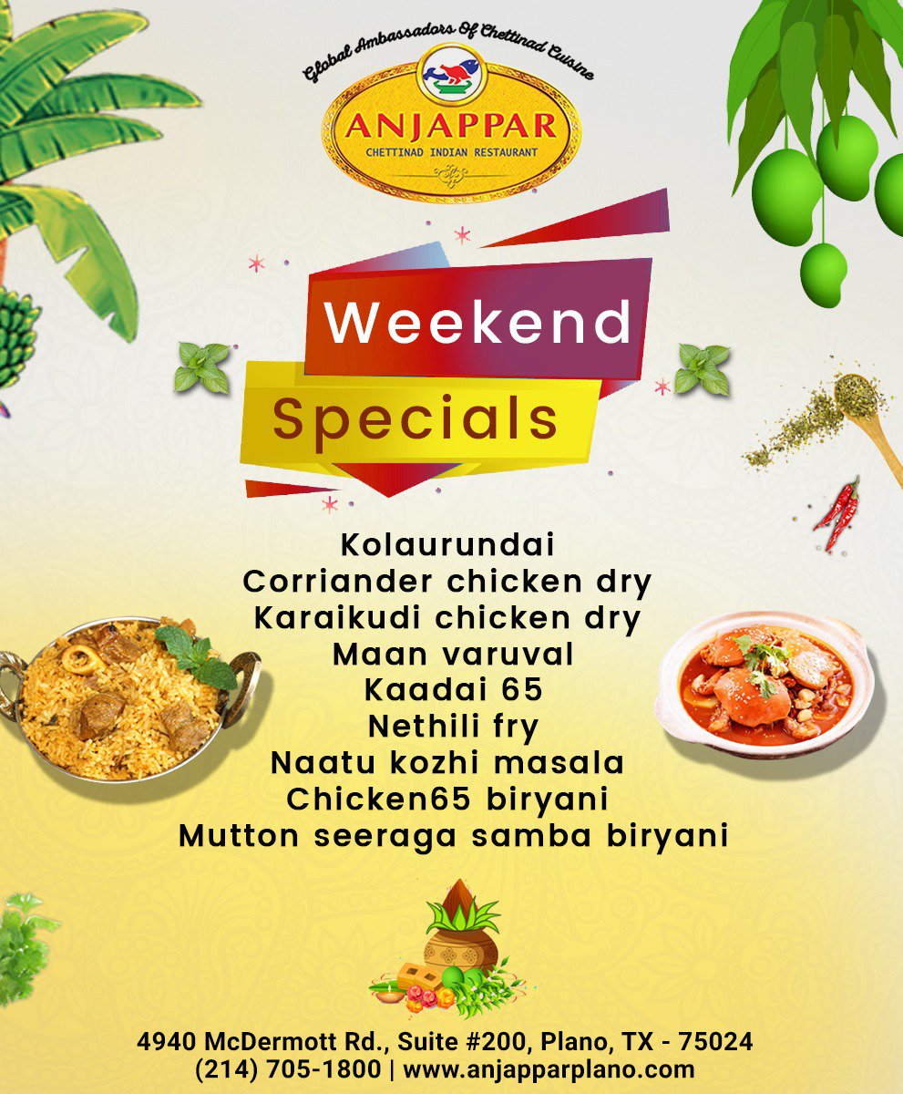 Anjapparplano's tweet photo. Get ready to relish the taste of weekend specials at Anjappar.

Visit Us: https://t.co/5gsyl10MIp

#AnjapparChettinad #Plano #Indianrestaurant #family #biryani #pack #specials #anjapparlove #anjapparbiryanilovers #biryanilovers #catering #craving #lipsmacking #takeout https://t.co/EkC7ETdP7V