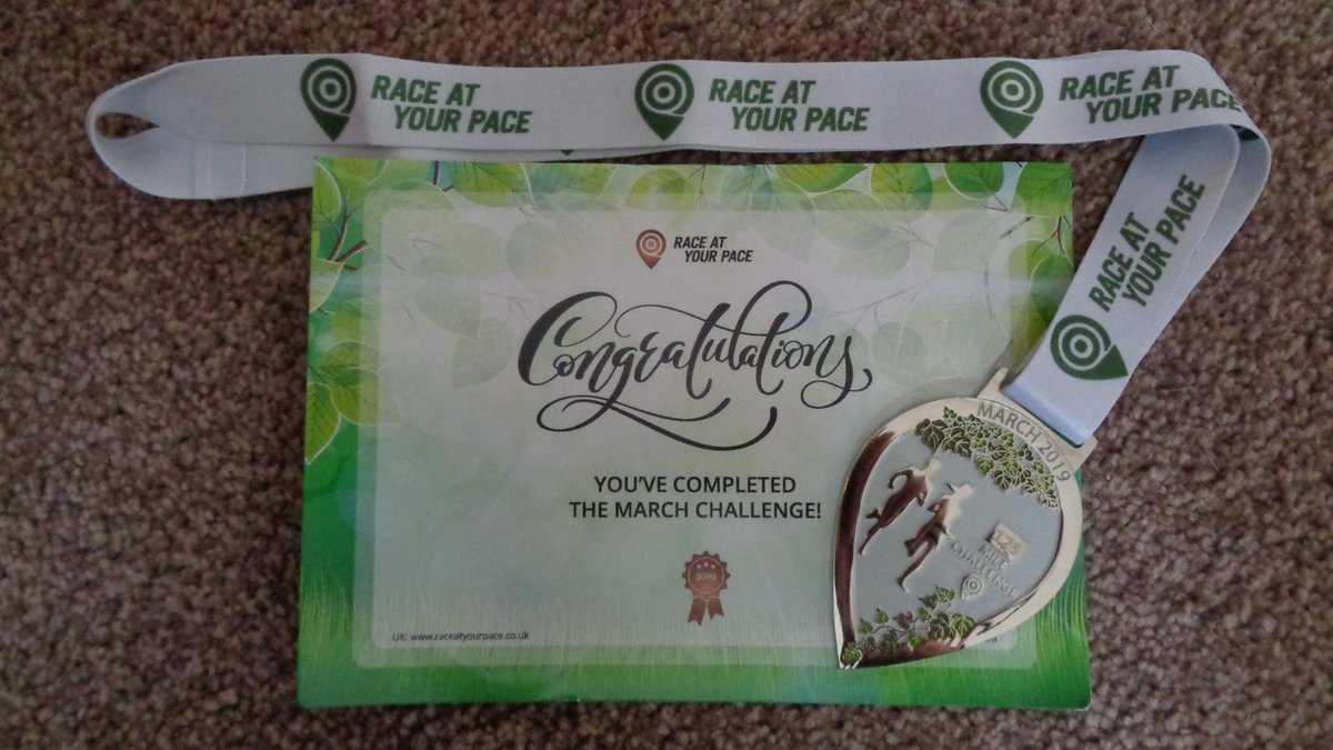 I signed up to Race at Your Pace to complete 100 miles in March, with a week to go I had completed the 100 miles so I changed it to the 125 mile target, in all I completed 139 miles for the month. Well worth doing to help boost your training 👍