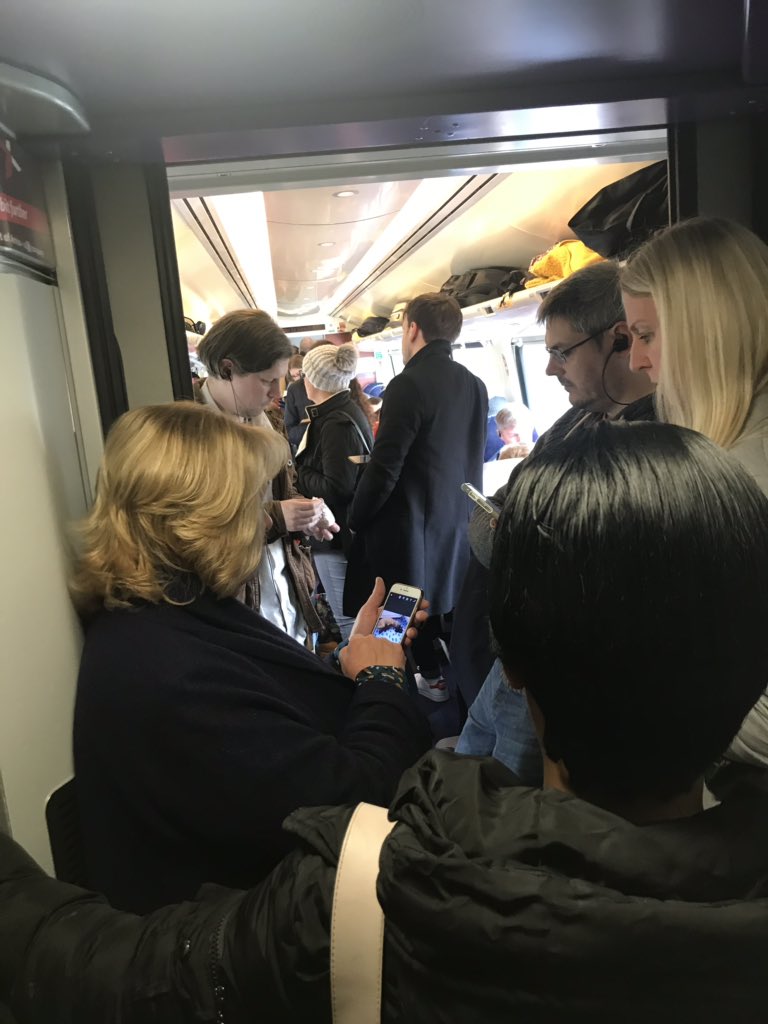 swardmal's tweet photo. @CrossCountryUK shocking journey today trying get to Cheltenham from Leeds currently squeezed into the corridor by the toilet - it’s disgusting 🤬 are you going to refund us for these appalling conditions can’t even get to our reserved seats !! https://t.co/sYXBkrgIcp