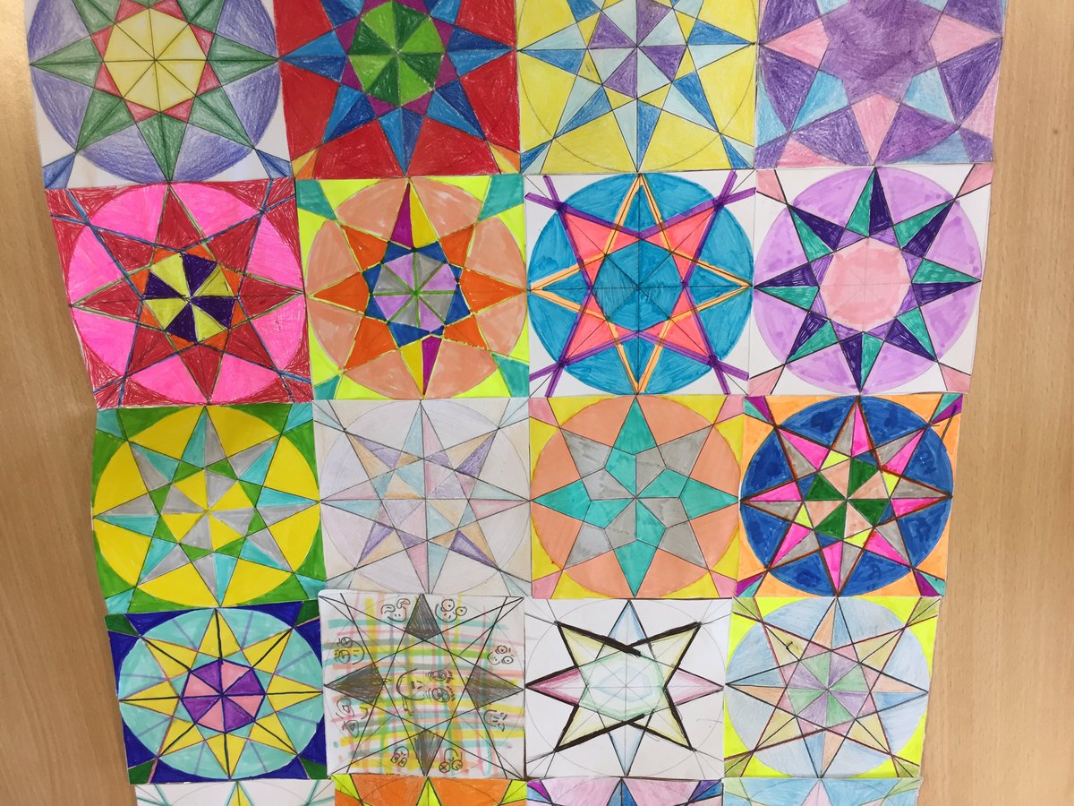 MathsIVC's tweet photo. Starting a unit of work in circles and beginning with #islamicGeometry @samira_mian what do you notice?  How do the colours bring out the different symmetries? #inquiry #iteachmaths https://t.co/t7pEsjIRmT