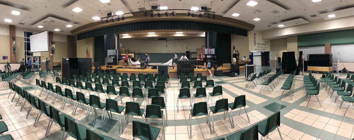AaronLutz08's tweet photo. Inspired by our teams that show up early to “be the church” so we can have church. Our Setup & Teardown Team was 22 strong at 6:15 this morning. Plus another 15 band/tech/roadie crew. Awesome! Join us for worship this morning at Bayside Intermediate. #cccc #E96 https://t.co/79yofxJhTm