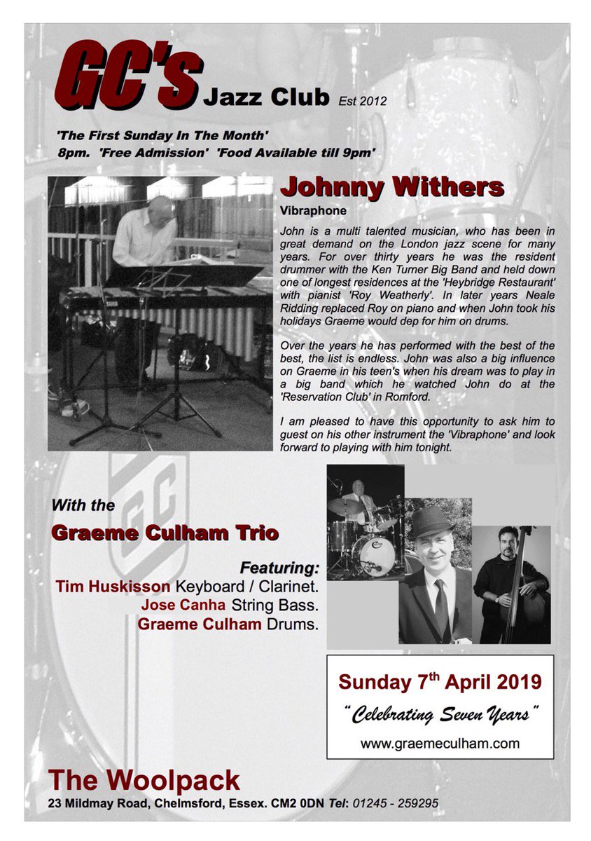 GraemeCulham's tweet photo. Checkout Johnny Withers #Vibraphone with the Graeme Culham Trio #Drums #jazz at GC's #jazzclub @WoolpackEssex Sunday 7th April 2019 #music 8pm, Free Admission. Food Avaliable. https://t.co/Z77xu3T8Is