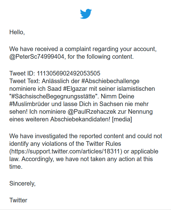 PeterSc74999404's tweet photo. Twitter teilt mir gerade mit, daß jemand wegen der #Abschiebechallenge  meinen Account gemeldet hat, diesbezüglich aber kein Verstoß gegen die  Twitter-Regeln festgestellt werden konnte. Tja... warum auch? https://t.co/ptKlV09FeV