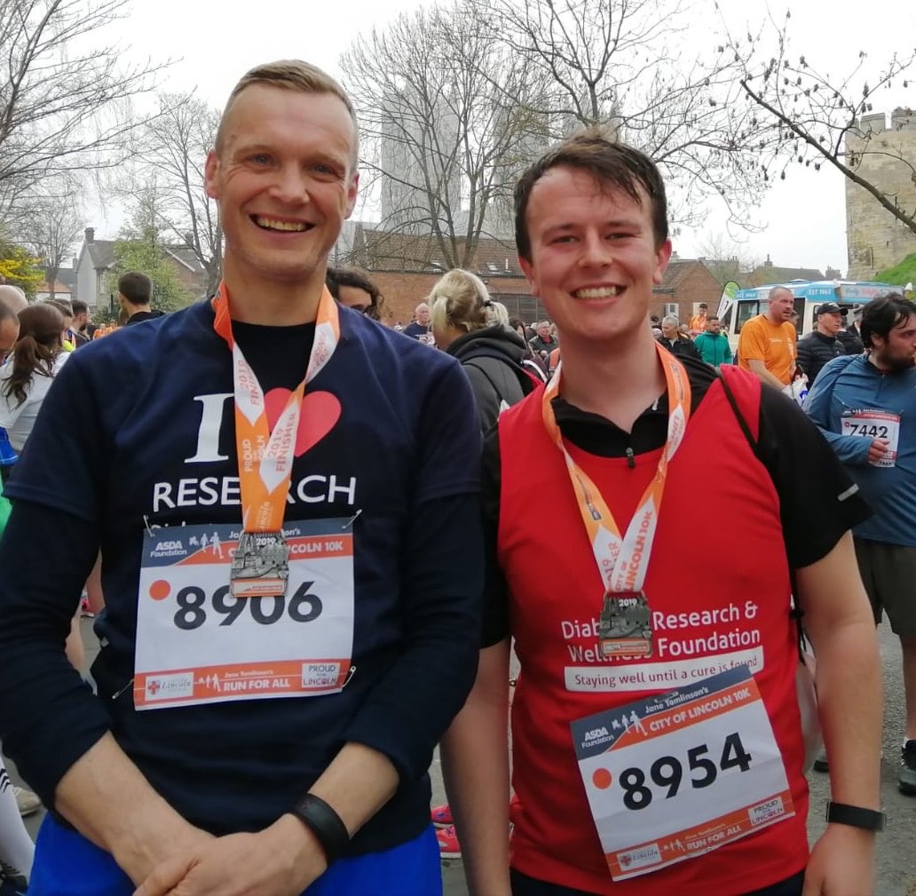 Made it!!  Rhys’y boy and me after the Lincoln 10 km run - combined team time under 1 h 50 min 😀  All money raised by Rhys going to DRWF - strong work Rhys 💪👍👏 <a href="/dmi_lincoln/">DMI Group - Lincoln</a> <a href="/UoLLifeSciences/">Lincoln School of Natural Sciences</a> <a href="/UoLPharm/">Lincoln School of Pharmacy</a>
