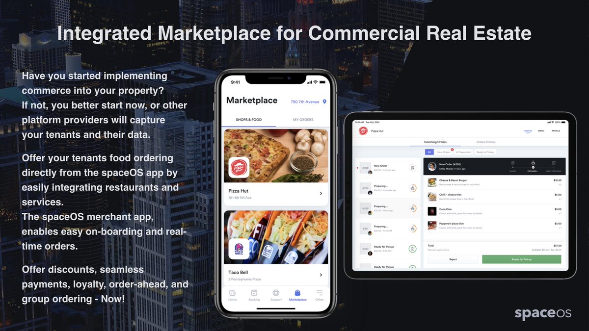 Commerce is a core pillar of #Tenantexperience
That’s why we are excited to announce the spaceOS Marketplace Beta
Seamless integration of onsite and offsite restaurants &amp; vendors into one holistic TX! Start now, before other platforms capture your tenants and your data! #PropTech