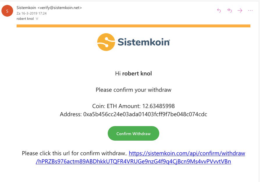Robertknol2's tweet photo. @vendettaBTR @Sistemkoin @NareshNTrader Same problem, I have send 12,6 eth to Kucoin. I used 2FA and confirmed email with my deposit address but Sistemkoin send it to another address. Many excuses, don't reply my emails, when I ask for proof they blocked online chat and Telegram. https://t.co/7uxsws5BTO
