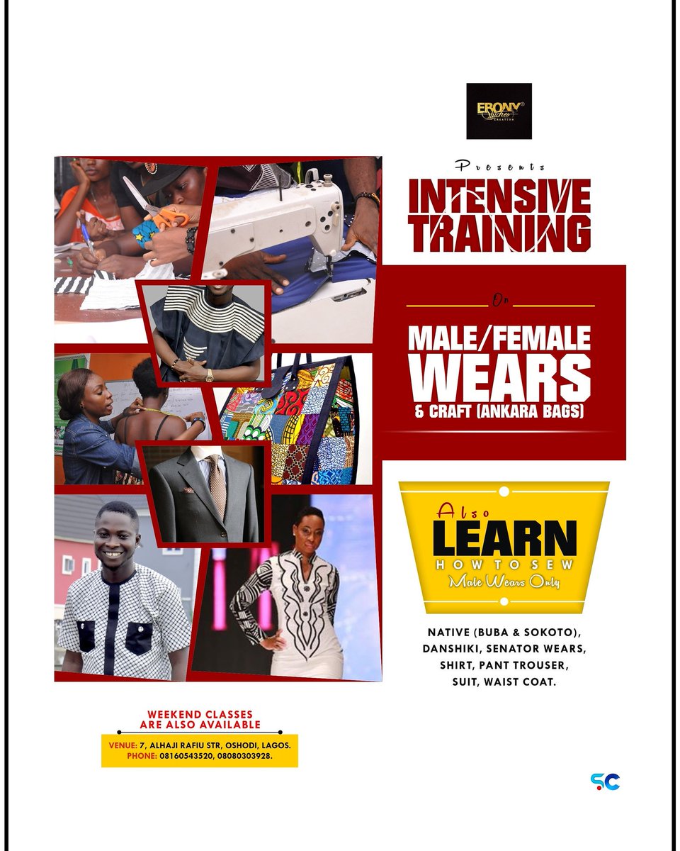 RaisingDesigner's tweet image. INTENSIVE FASHION COURSE
Learn The Skill of Tailoring
MORNING CLASSES ON (Male &amp;amp; Female wears)
EVENING CLASSES ON (MALE WEARS)
 WEEKEND CLASS ON (MALE WEARS)

Registration is now open and classes resumes JUNE 10.
FOR MORE INFO.08160543520, 08080303928.

#fashion #lagos